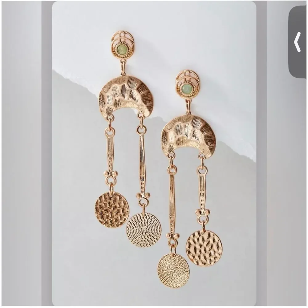 Free People Back To Brooklyn Dangle Earrings Gold Tone Green Stone New